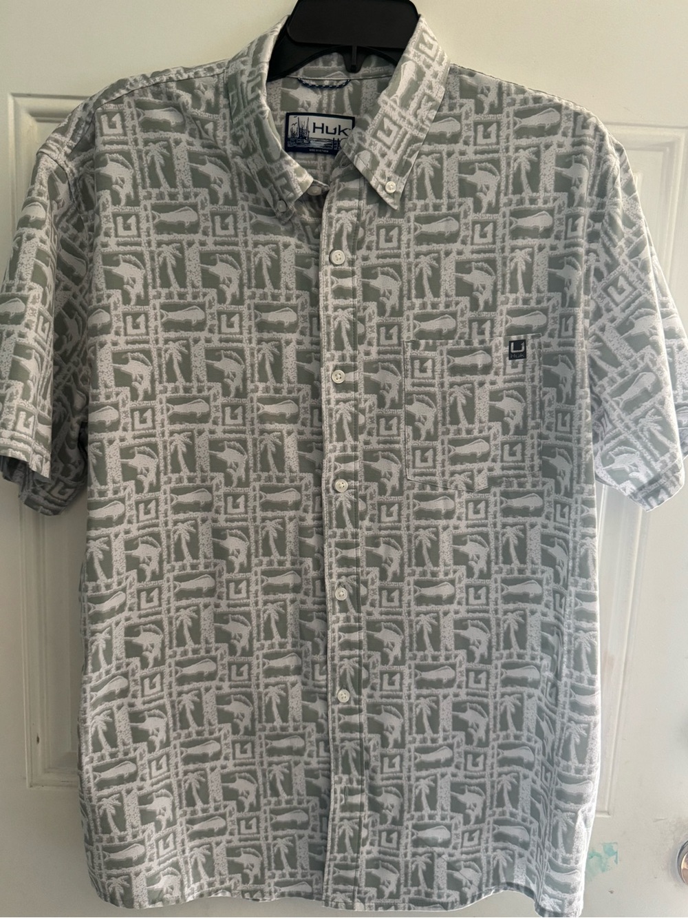 Huk Men's Short-Sleeve Button-Down Shirt - Light Sage & White Pattern